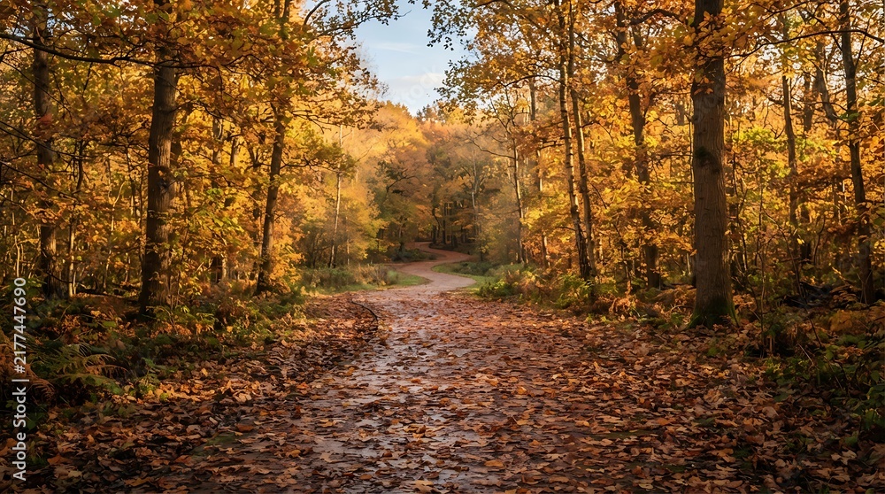 Fototapeta premium Autumn park pathway with colorful fall leaves and trees