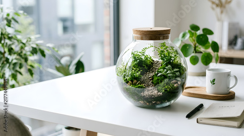round glass terrarium with cork lid on white office desk featuring green moss and plants