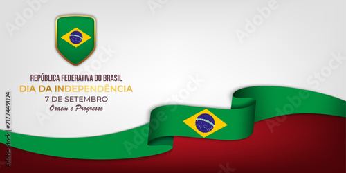 Brazil independence day banner with green flag ribbon and national emblem shield