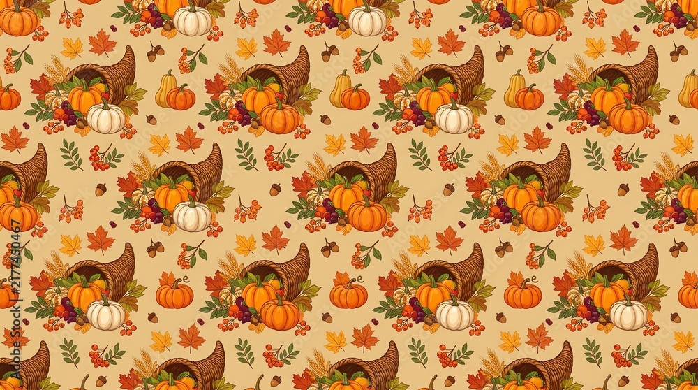 Thanksgiving cornucopia and pumpkin seamless pattern on beige background