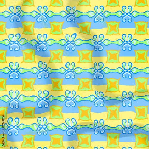 Abstract Wavy Pattern with Geometric Stars and Ornamental Motifs on Draped Light Blue and Yellow Fabric Texture Background for Fashion and Interior Textile Design