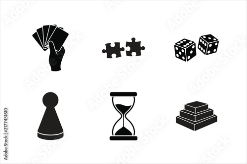 Family Board-Game Icons Set Featuring Playing Cards, Puzzle Pieces, Dice, Pawn, Hourglass, and Pyramid