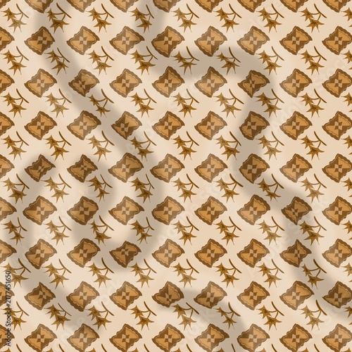Traditional Indonesian Batik Seamless Pattern with Brown Floral and Geometric Motifs on Draped Beige Fabric Texture Background