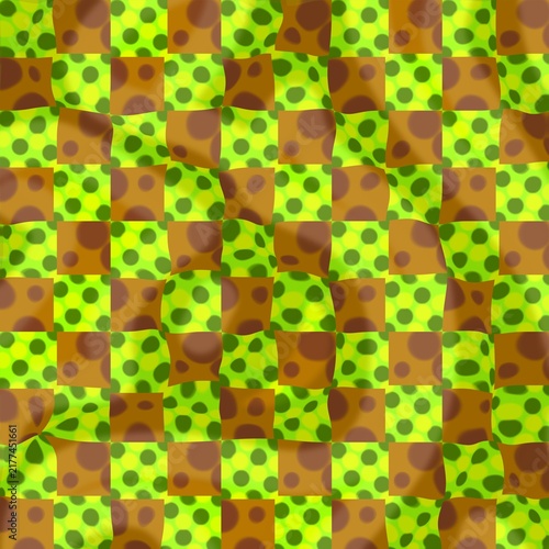 Abstract wavy checkered pattern background with lime green and brown polka dots and fluid fabric texture distortion for creative graphic design