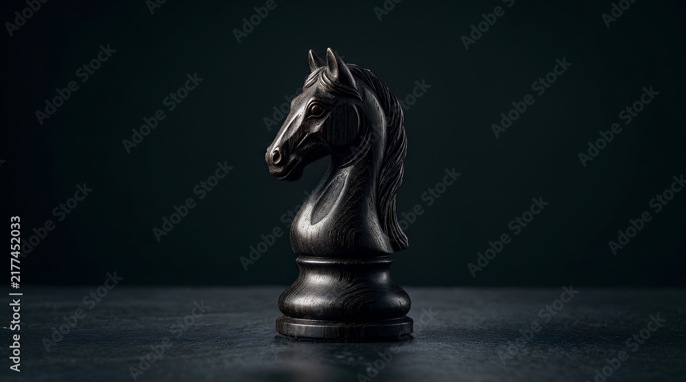 Naklejka premium Black chess knight piece standing on dark textured background representing strategy