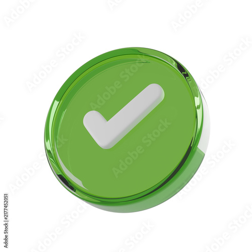 Green glossy checkmark icon, 3D render tick symbol isolated on transaprent background