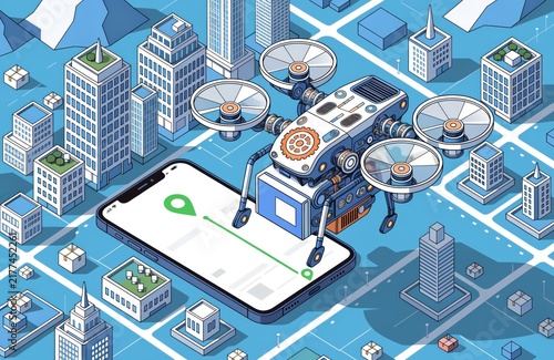 Multiple drones flying over isometric city landscape with smartphone order tracking app.