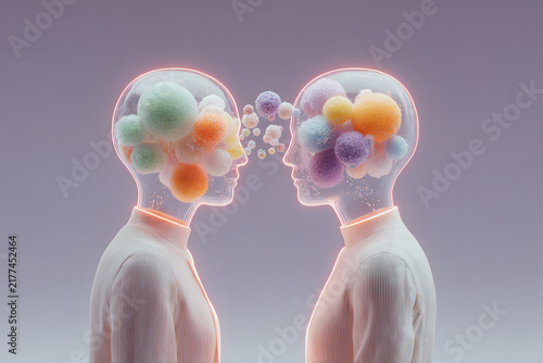 Two Glass Human Heads Face To Face Exchanging Thought Spheres Idea Sharing Empathy Communication Mental Health Concept Illustration