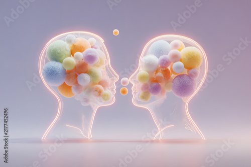 Two Glass Human Heads Face To Face Exchanging Thought Spheres Idea Sharing Empathy Communication Mental Health Concept Illustration