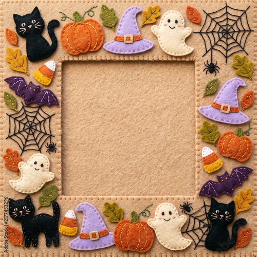 Handmade Felt Halloween Background with Stitched Seasonal Border embroidered border with a black cat, stitched pumpkins