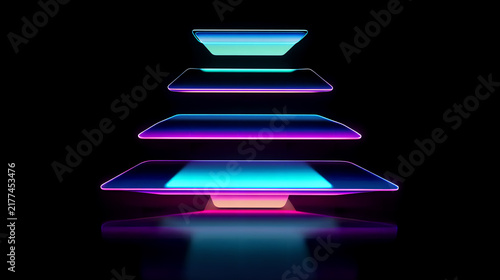 Abstract 3D Geometric Glass Pyramid Stack With Neon Purple Cyan Gradient Glow