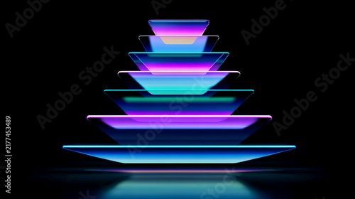 Abstract 3D Geometric Glass Pyramid Stack With Neon Purple Cyan Gradient Glow