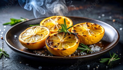 Charred lemon halves sit on a dark plate, showing dark edges from grilling. Fresh lemon juice is present, along with herbs. This is a creative dish in a kitchen setting