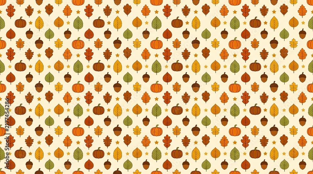 Seamless autumn pattern with pumpkins leaves and acorns