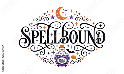 Hellion t shirt striker design vector  editable new 2026 Vintage magical spellbound illustration with potion bottle and moon isolated on transparent background, illustration