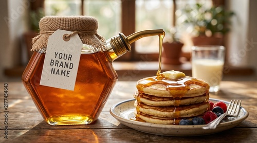 Golden syrup pours onto fluffy pancakes