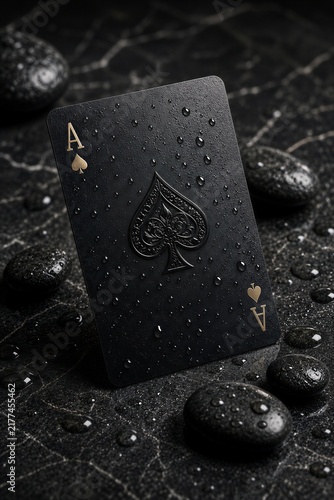 Ace of spades playing card with water droplets on dark stone surface, poker and casino concept