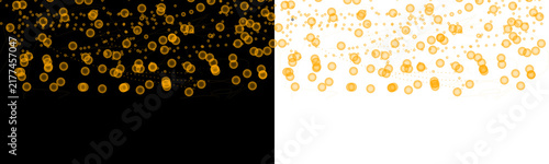 Golden glowing particles and orange bubbles floating on black and white backgrounds for festive decorative luxury abstract design