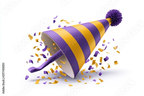 Vibrant purple and yellow party hat with confetti and starburst effect digital purple party hat