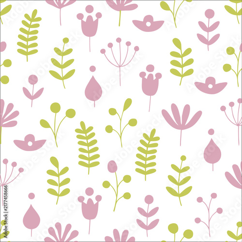 Seamless pattern of small wildflowers and leaves in pastel pink and green colors