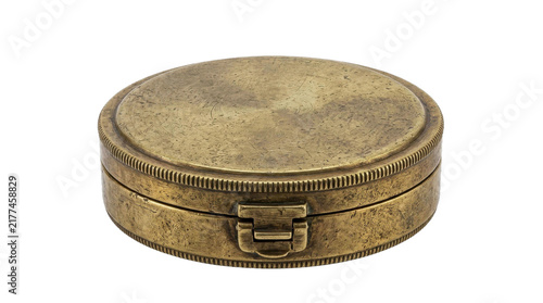 Fotografie Antique brass pocket compass with ornate latch and textured casing