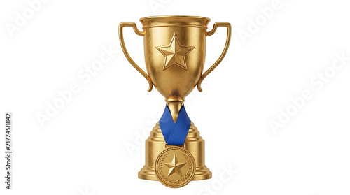 Fotografía Golden trophy and medal with blue ribbon symbolizing achievement and victory
