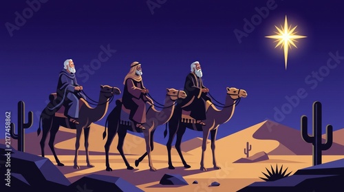 three wise men riding camels in desert at night following bright glowing star. biblical nativity story, epiphany, christmas celebration. greeting card, banner, website header with copyspace.