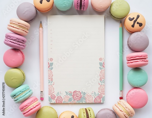 Notepad with floral border surrounded by colorful macarons and two pencils on a white background, flat lay composition for stationery