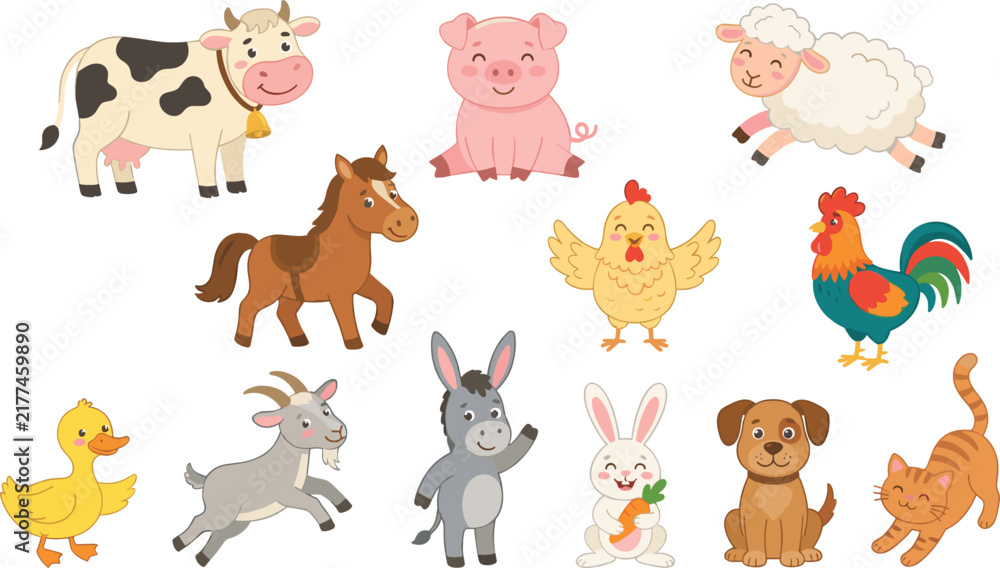 Obraz premium Cute Cartoon Farm Animal Character Vector Set featuring Cow, Pig, Sheep, Horse, Chicken, Duck, Goat, Donkey, Rabbit, Dog, and Cat Elements