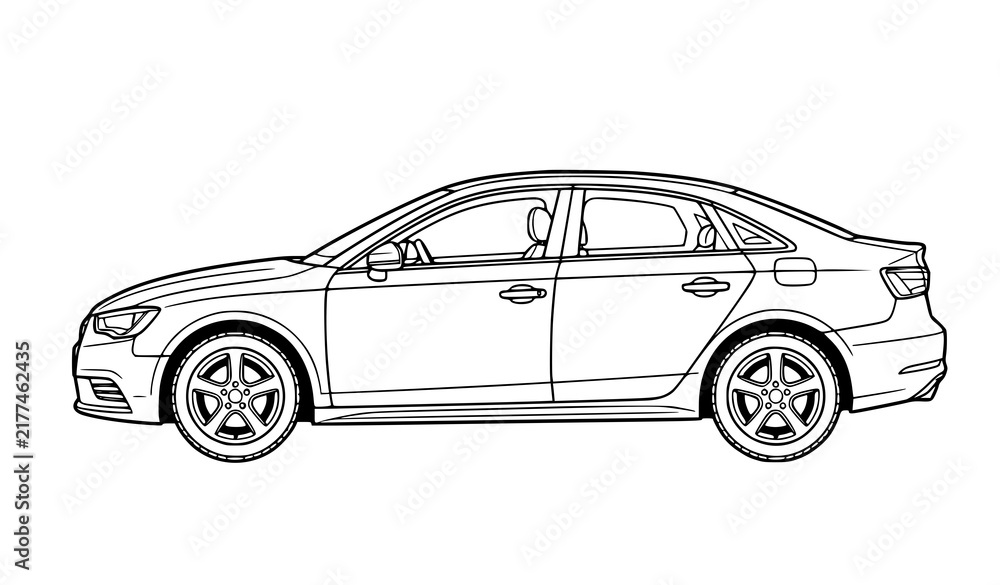 Naklejka premium Modern Sedan Car Side View Linear Vector Coloring Page Illustration