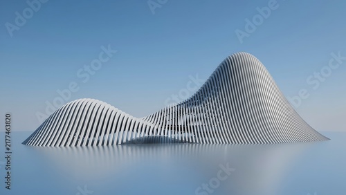 Futuristic White Parametric Wave Pavilion Structure Set Against Clear Blue Sky