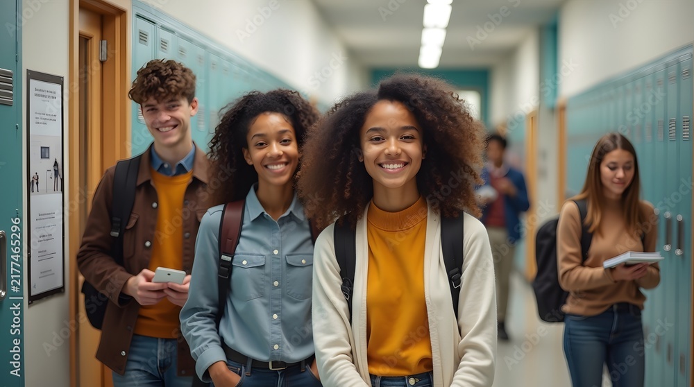 Obraz premium A diverse group of joyful students walking down a school hallway, showcasing friendship and academic life.