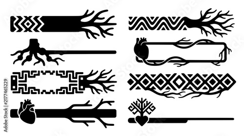 Tribal root vector lower third collection with zigzag pattern, diamond frame and anatomical heart designs for video work