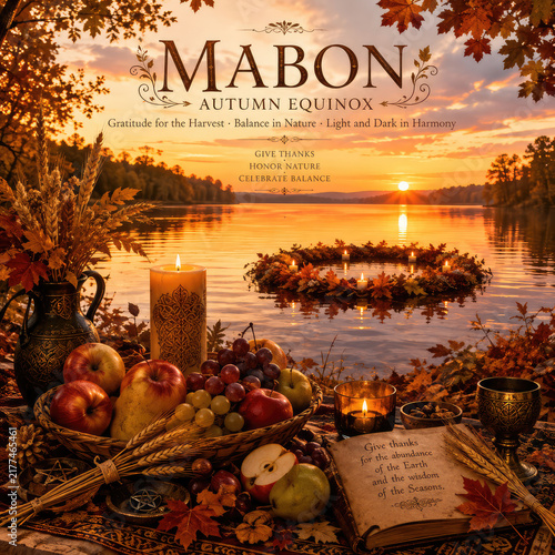 Mabon Autumn Equinox Harvest Celebration with Candles Fruits and Fall Leaves