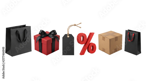 Shopping bags gift box price tag and percent symbol elements isolated on white background