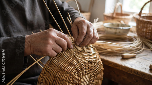Elderly artisan weaving a traditional wicker basket by hand in a rustic workshop.