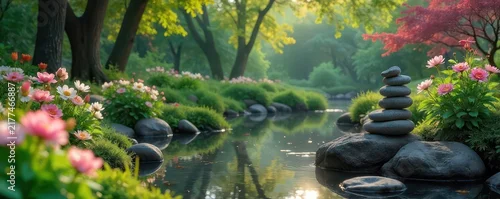 Panel kuchenny z motywem A serene meditation scene in a peaceful garden with blooming flowers and a tranquil pond , serene, relaxation