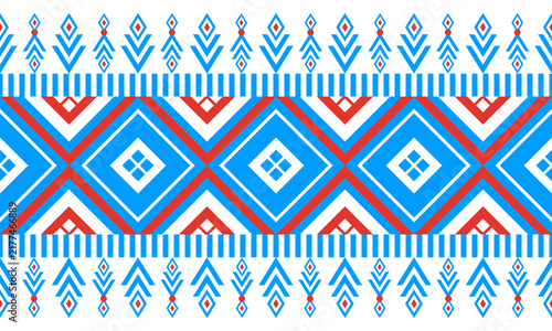 Seamless blue and red geometric tribal pattern with diamond motifs and decorative ethnic borders.