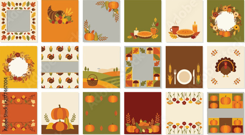 Autumn harvest thanksgiving elements with pumpkins and leaves in flat vector illustration style
