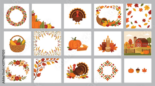 Autumn harvest vector elements with pumpkins and cornucopia for seasonal decor