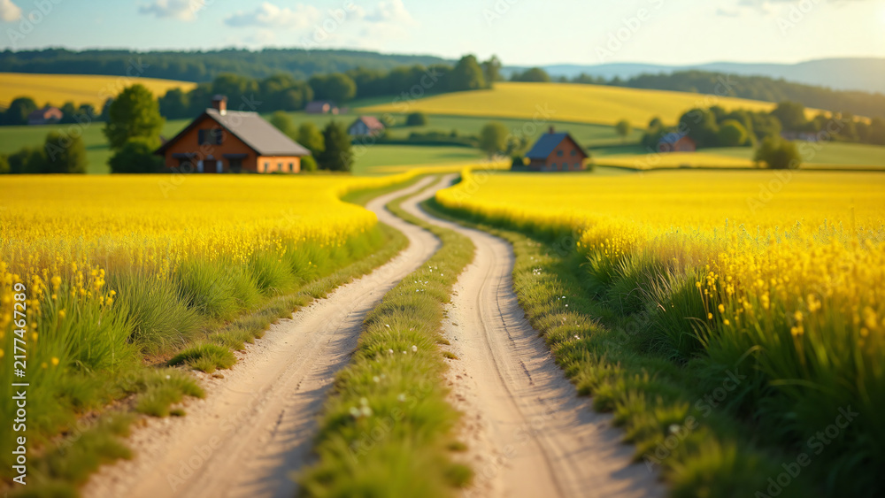 Obraz premium Golden Field Path Leading to Village
