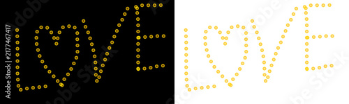Illuminated Love Sign - A Double Exposure Featuring a Heart and the Word 'LOVE' Displayed in Golden Lights Against a Dark and White Background, Symbolizing Romance and Affection