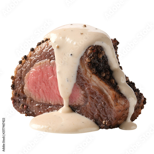 Pepper-Crusted Beef Steak with Cream Sauce for National Steak au Poivre Day Isolated on White Background