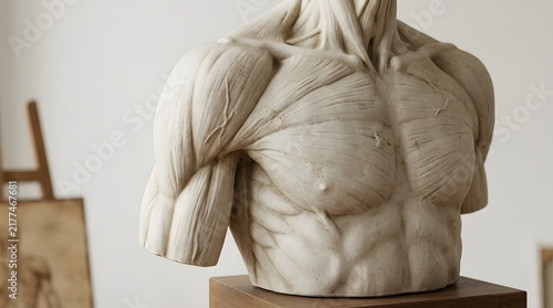 Classical plaster torso sculpture in a bright studio setting with artistic tools nearby