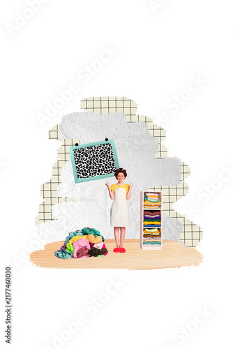 Bild auf Leinwand Vertical photo collage of angry irritated housemaid perfectionist stand pile clo