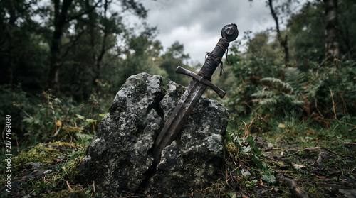 Ancient sword embedded in a mossy rock in misty forest.