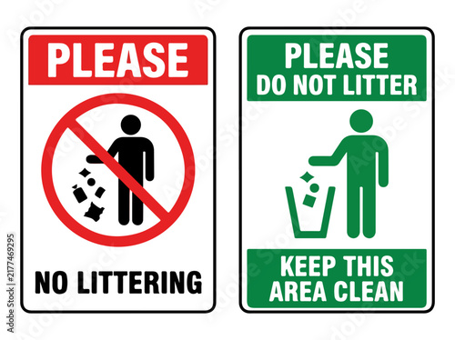 Red and green no littering signs with prohibition and instruction symbols