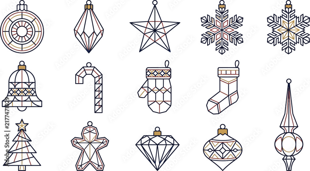 Fototapeta premium Geometric Christmas ornaments on white background vector illustration festive celebration