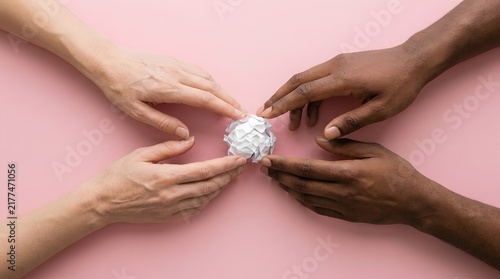 Four hands gently surrounding and protecting a small crumpled piece of paper on a pink background