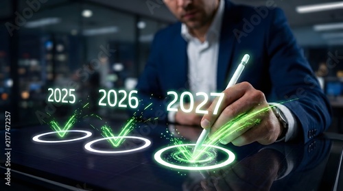 Business professional approving future dates with a digital pen in a modern office setting